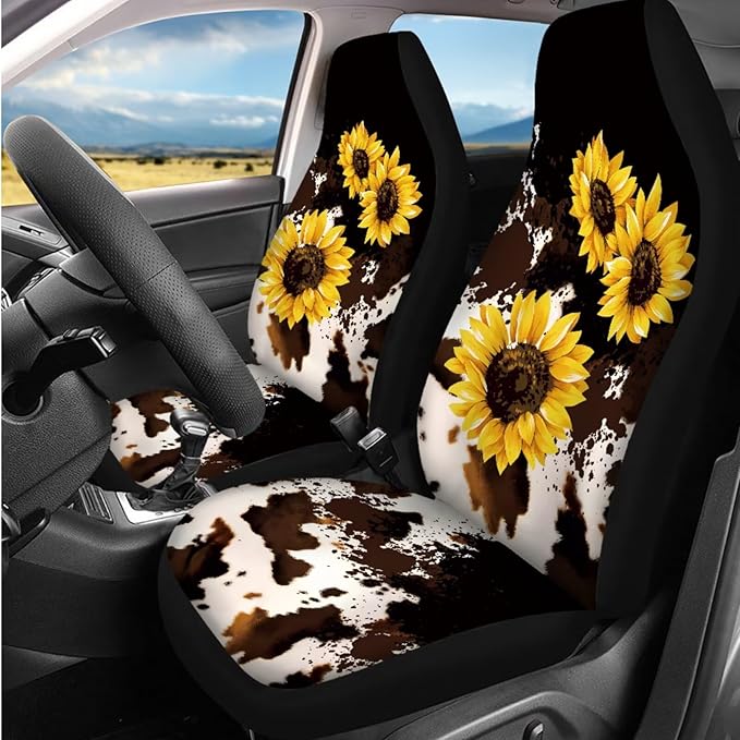 Dngkaoje Sunflower Car Seat Covers Set for Women 13 Pack Cute Cow Print Auto Interior Seat Protective Hanging Trash Bag,Seatbelt Shoulder Pads,Universal Steering Wheel Cover Sunflower Armrest Pad