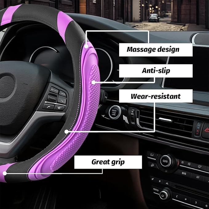 15 Inch Car Leather Steering Wheel Cover, Automotive Accessories Elastic Breathable Anti-Slip Soft Wheel Protector Fits Men and Women, Suitable for SUVs, Trucks, Vehicles and RVs (Purple)