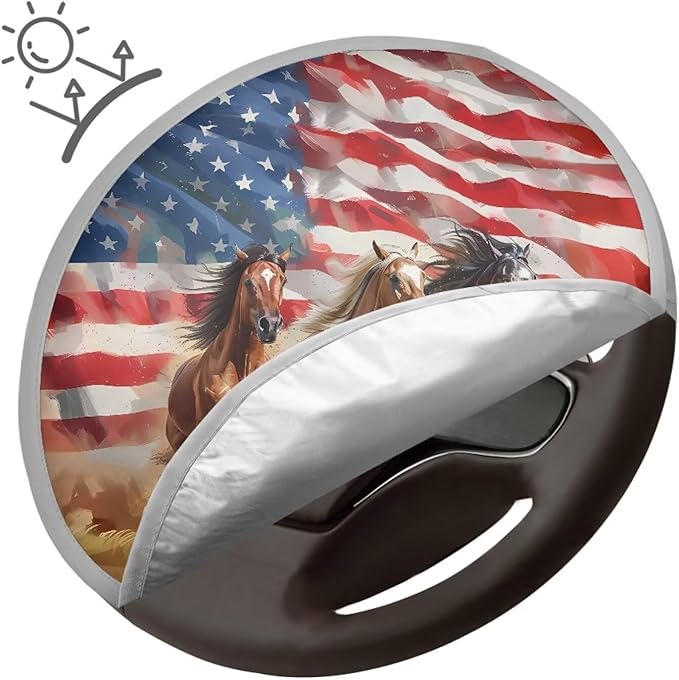 Vehicle Accessories for Women Steering Wheel Sun Shade Heat Resistant Steering Wheel Sun Cover Universal Fit Van Car SUV Truck, American Flag Running Horse Pattern