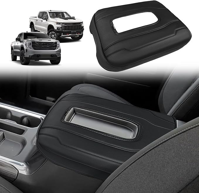 Muslogy Center Console Armrest Cover Compatible with Chevy Silverado & GMC Sierra 1500 2500 3500 2022-2025 Comfort Armrest Pad Arm Rest Cushion Vegan Leather Protector Regular Thick(Bucket Seat ONLY)