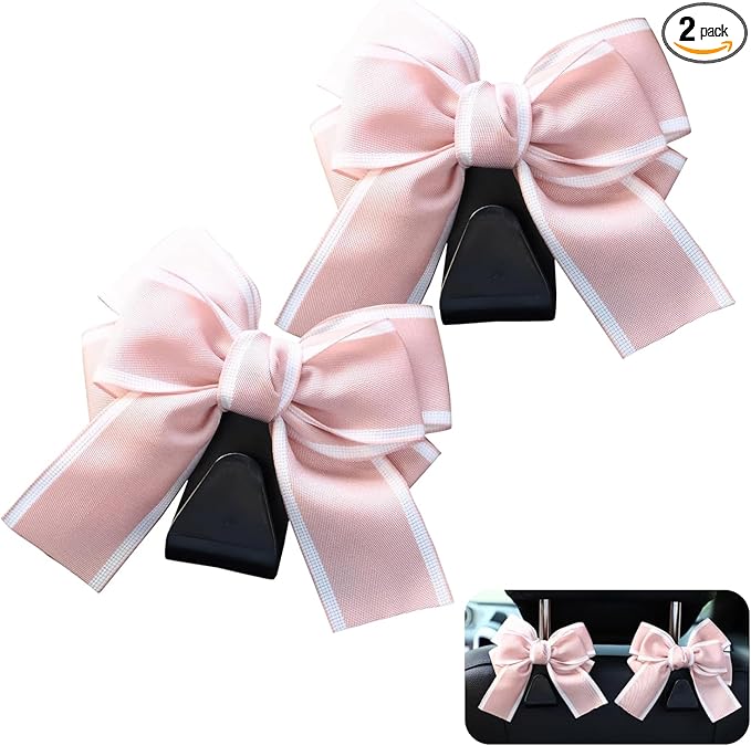 2 PCS Bow Car Headrest Hooks, Cute Bow Back Seat Decorative Hanger, Multi-function Hanging Storage Hook for Purse Bag Umbrella, Portable Interior Organizer for Cars (Pink)