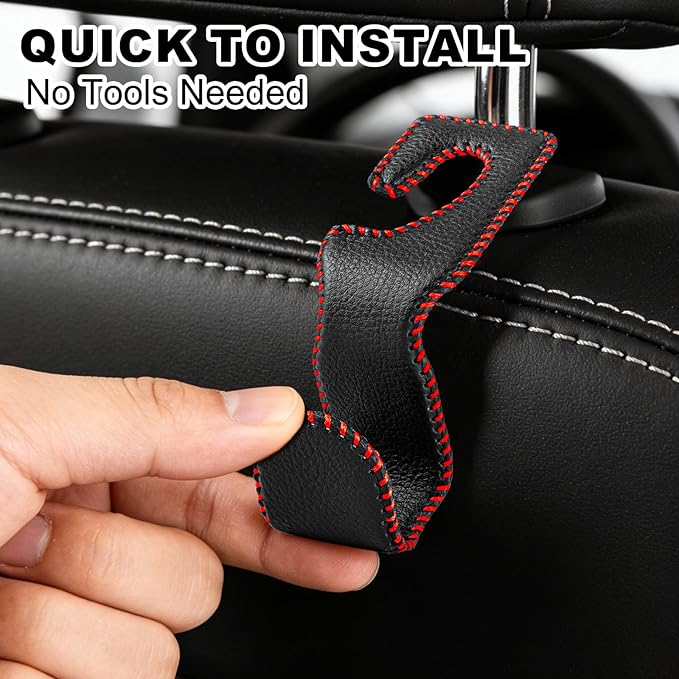 Car Seat Hooks for Purses and Bags, 2 Pack Car Purse Holder for Grocery Bag Handbag Clothes, Metal Headrest Hooks Covered by Leather, Black Red