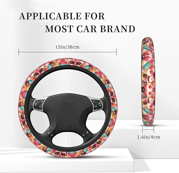 Sweet Treats Cupcake Neoprene Steering Wheel Covers Women Men Car Accessories, Universal 15 Inch Fit Auto, Suvs, Truck
