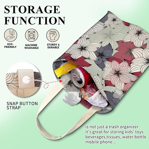 Car Trash Can, Cute Car Trash Bag, Hanging Car Organizer and Storage Bag, Trash Bin for Car Accessories, Vehicle, Travelling, Camping Cute White Blue Flower