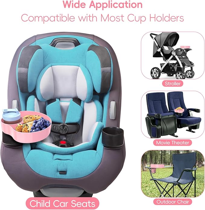 2PCS Resptasski Car Seat Cup Holder Snack Tray for Kids – Travel Tray for Car, Booster, Stroller, Outdoor Essentials Kit. Universal Adjustable Tray with Detachable Base for Snacks, Toys, Food (Pink)