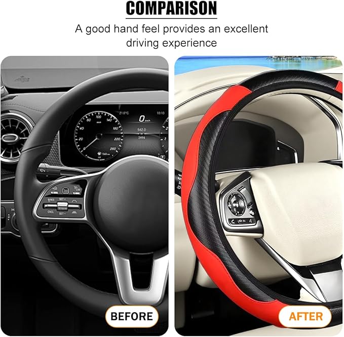 Carbon Fiber Car Steering Wheel Cover, 14.5-15 Inch Elastic Stretch Steering Wheel Guard, Sports Style Non-Slip Automotive Interior Accessories, Universal for Vehicles (Black/Red)