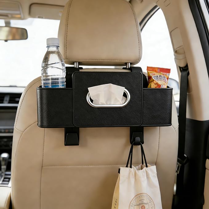 Car Organizers and Storage Box, Multifunctional Car Seat Back Storage Box with Tissue and Hook for Hold Phone Water Cup Handbag, Fits Most Vehicles (Brown,1PCS)