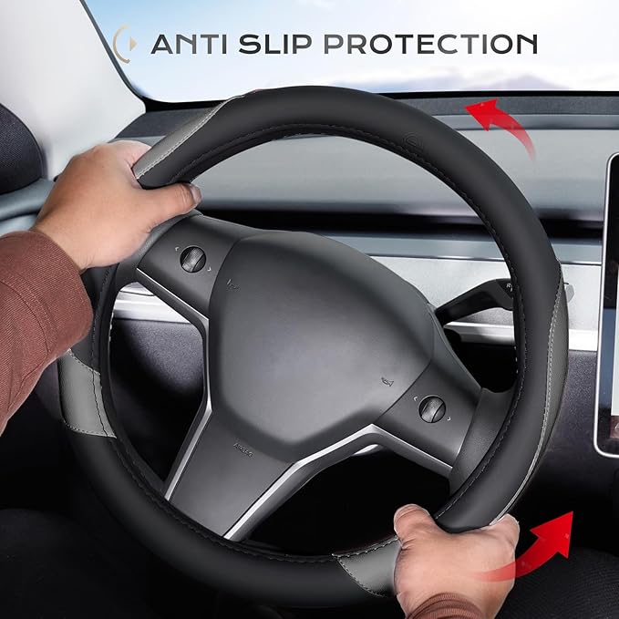 Coverado Car Steering Wheel Cover, Nappa Leather Black & Gray Steering Wheel Covers, Universal 14-15 inch, Anti-Slip, Breathable Steering Wheel Protector for Women Men