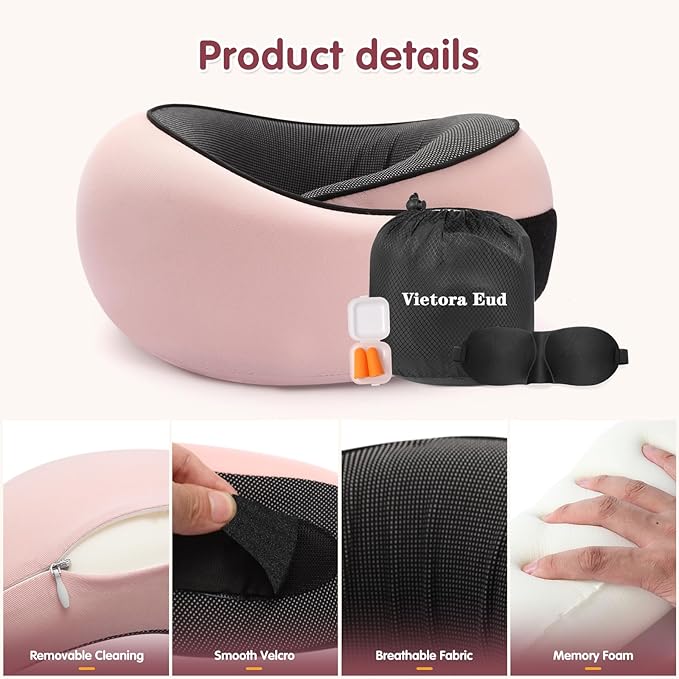 Vietora Eud Travel Neck Pillow, Memory Foam Neck Support for Airplane, Car & Office, Breathable Portable Design with Eye Mask, Earplug Holder & Carry Bag, Holiday Gift for Christmas & New Year