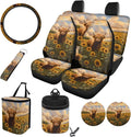 10 Piece Car Seat Cover Sets for Women and Men, Highland Cattle Sunflower Printed Car Front and Back Seat Protector Steering Wheel Cover Trash Can Air Vent Storage Bag Wristlet Keychain