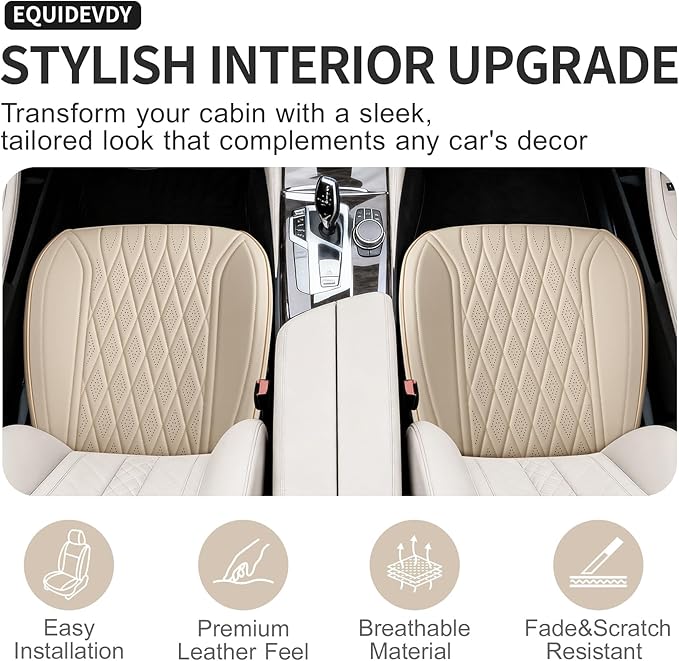 EQUIDEVDY 2 Pack Leather Bottom Car Seat Covers,Front Seat Covers for Cars,Driver Car Seat Cover,Luxury Faux Leather Seat Protectors,Full Wrap,Waterproof,for Most Vehicles,Sedan,SUV,Truck (Beige)