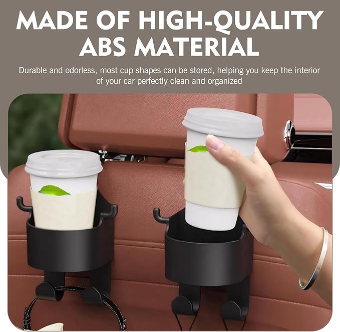 2 PCS Seat Backrest Cup Holder, High Load Cell Phone/Mug/Umbrella Hanging Bag 3-in-1 PU Holder with Long/Short Hooks, Multi-functional Storage Accessory, Universal Fit for Most Cars (Black)