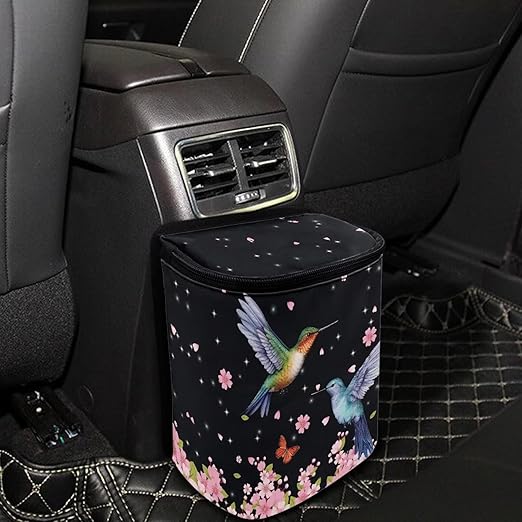 Pink Cherry Blossom Hummingbirds Car Trash Bin Interior Accessory Lightweight Auto Garbage Can Bag for Back Seat Washable Mini Car Trash Can with Lid