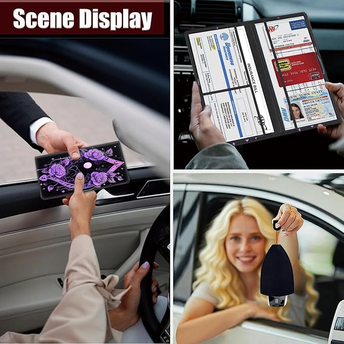 Car Registration and Insurance Holder, PU Leather Auto Document Holder for Men&Women, Vehicle Glove Box Compartment Organizer with Magnetic Shut for Driver's License, Purple Rose Flower Pattern