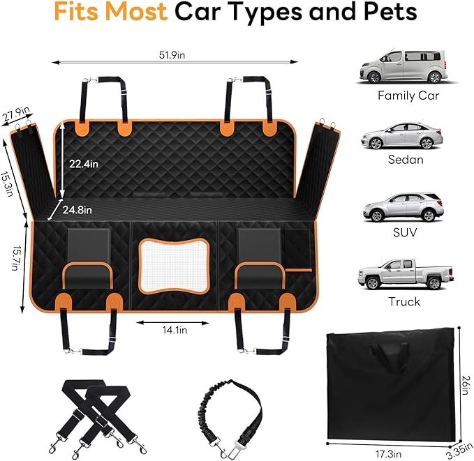 Chioratree Dog Seat Cover for Back Seat - Hard Bottom Car Seat Cover for Dogs Holds 500 lbs,Waterproof Back Seat Extender for Dogs,Scratch-Proof Anti-Slip Dog Hammock for Car SUV Small Truck, BlackOR