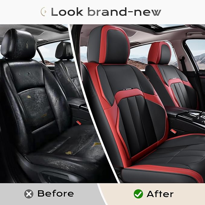 Coverado Car Seat Cover, Cover for Cars Full Seat, Premium Leather, Universal Fit Waterproof Seat Protectors, Car Seat Cushion Non-Slip for Most Cars-Black Red