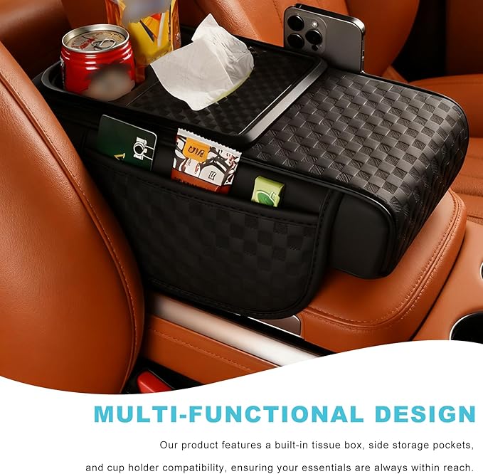 Car Center Console Cover, Ergonomic Leather Armrest Box Cushion with 3.1 Inch Height Boost, Soft Middle Console Pad with Cup Holder & 2 Storage Pockets for Sedan SUV Truck