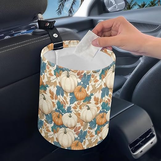 White Pumpkins Trash Can for Car Auto Garbage Can for Back Seat Leak Proof with Adjustable Buttons Car Accessories for Women Interior
