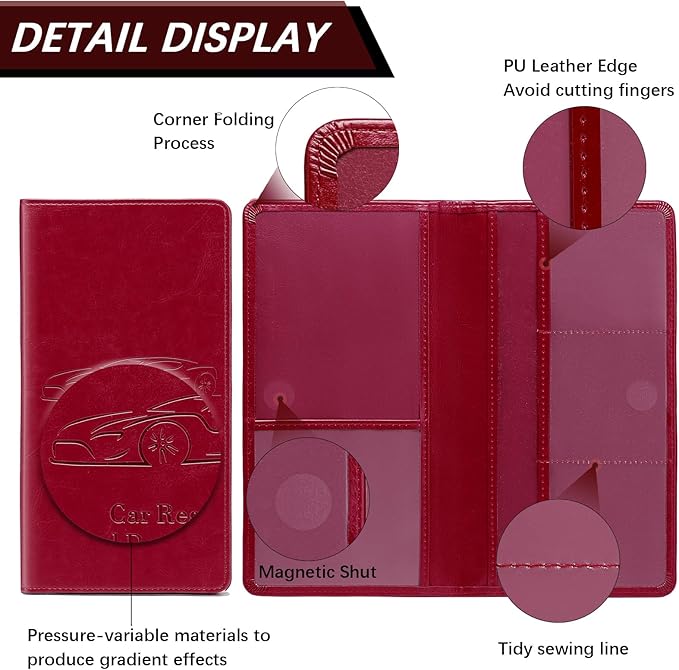 Peisicne Car Registration and Insurance Card Holder for Women Men, Red Glove Box Paperwork Organizer with Magnetic Buckle for Easy Access and Protect Documents and Various Cards in Vehicle
