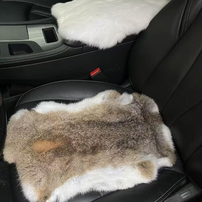 Car Center Console Cover Natural Tanned Rabbit Hide Skin Pelt Soft Fluffy Fur Car Armrest Cover Cushion Protector Auto Center Console Pad for Car Arm Rest Storage Box Interior Decoration