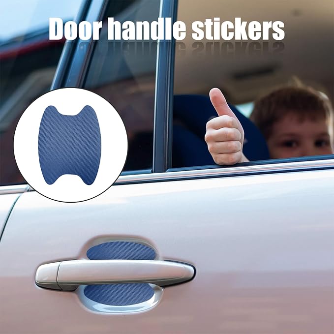 Kewucn 4PCS Car Door Handle Sticker, Carbon Fiber Auto Door Side Handle Protective Films, Anti-Scratch Vehicle Door Cup Protector, Universal Exterior Accessories for Most Cars (Blue)
