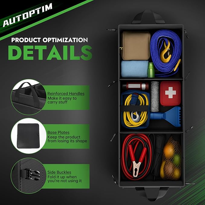 AUTOPTIM Car Trunk Organizer - 85L Collapsible Car Organizer with Non Slip Bottom for Groceries, Trunk Storage with Base Panel for SUV Sedan Van, 3 Compartments (Black, X-Large)