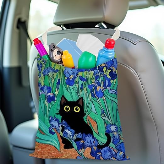 Pykfrhh Black Cat Car Trash Bag, Car Trash Bag Hanging, Waterproof Cars Back Seat Hanging Organizer and Storage Trash Bags for Vehicle Travelling Camping Irises Decor