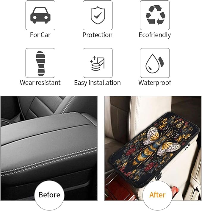 ANFXIEDU Bee with Queen 1 Car Center Console Cover, Armrest Pad Cover Universal Car Arm Rest Seat Storage Box Mat