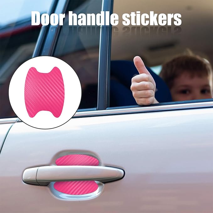 Kewucn 4PCS Car Door Handle Sticker, Carbon Fiber Auto Door Side Handle Protective Films, Anti-Scratch Vehicle Door Cup Protector, Universal Exterior Accessories for Most Cars (Pink)