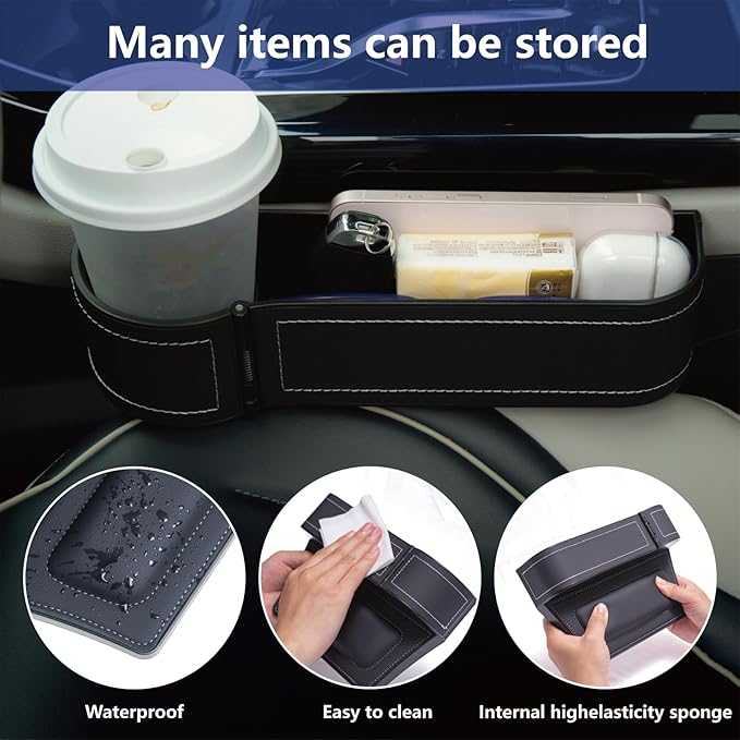 LELOYMO Car Seat Gap Filler Organizer,2 Pack Gap Filler for Car,Seat Gap Storage Box with Cup Holder Expander,Car Organizer Front Seat for Holding Phone, Glasses, Keys, Cards(Black)