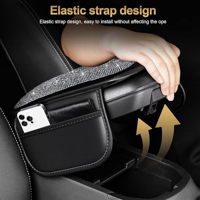 Bling Center Console Cover Fit for Toyota Avalon with 2 Storage Bags Fully Diamond-Studded Style Center Console Armrest Cover with Total Protection(Silver Diamond)
