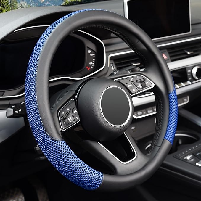 KAFEEK Steering Wheel Cover, Universal 15 inch, Microfiber Leather Viscose, Breathable, Anti-Slip,Warm in Winter and Cool in Summer, Black&Blue