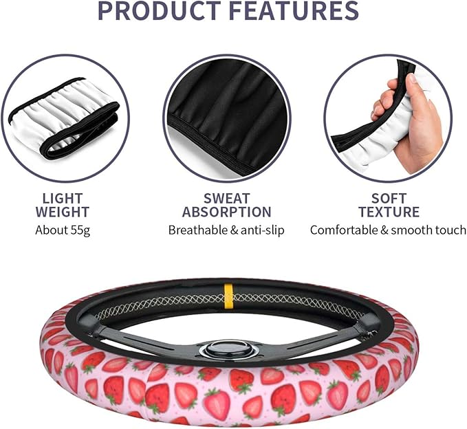 Cute Pink Strawberry Steering Wheel Cover for Women Men with 2 Pcs Car Coasters, Universal 14.5-15 Inch Rainbow Steering Wheel Covers Non-Slip Car Accessories for Girls