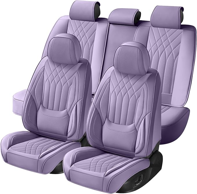 GEZHOUBA Purple Car Seat Covers Full Set, Luxury Leather Purple Seat Covers for Women, Full Coverage Waterproof Anti-Slip Car Seats Universal Fit for Most 5-Seater Cars SUVs
