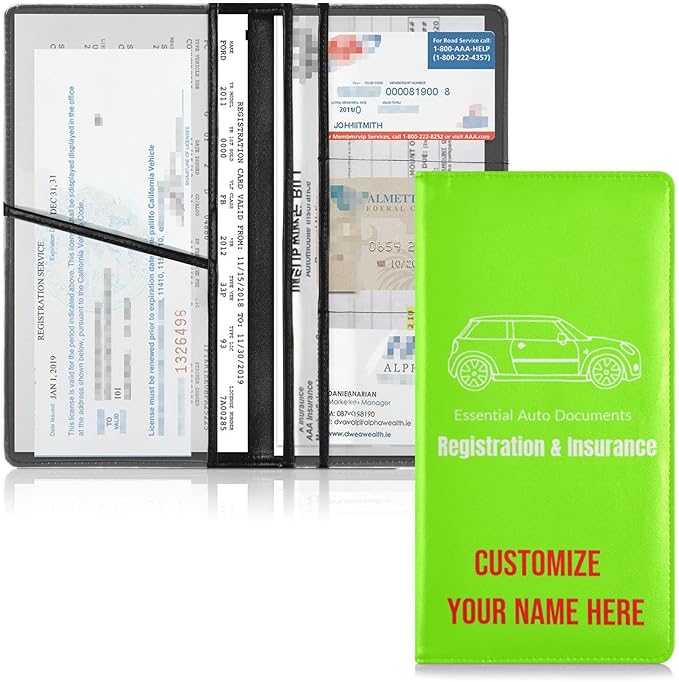 Caihoyu Custom Car Registration and Insurance Card Holder Personalized Leather Glove Box Organize Men Women Wallet Accessories Case for Cards, Essential Document Driver License Fluorescent Green