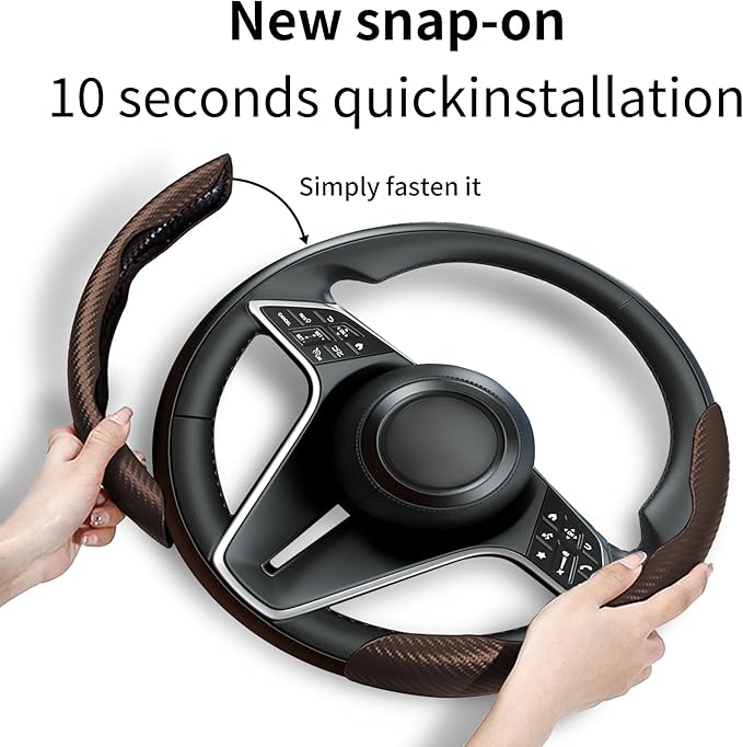 LevChall Carbon Fiber Steering Wheel Cover, 2-Piece Set Anti-Skid Comfortable Grip Segmented Butterfly Design, Easy Snap-On Installation Universal Fit 99% Cars, Brown