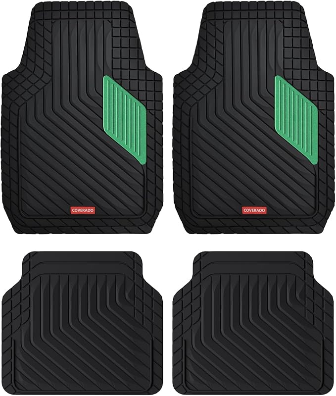 Coverado Car Floor Mats Full Set – Heavy-Duty PVC Floor Mats with Green Metallic Heel Pad, All-Weather Protection for Front & Rear, Non-Slip Backing, Easy-Clean Interior Liners
