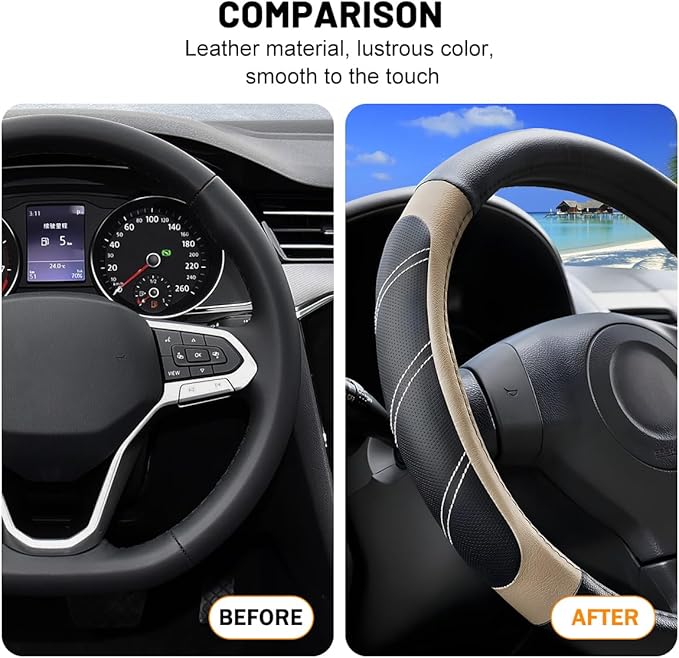 Car Steering Wheel Cover, 15 Inch Carbon Fiber Leather Non-Slip Steering Wheel Protector with Lining, Breathable Automotive Interior Accessories, Universal for SUV RV Truck (Beige)