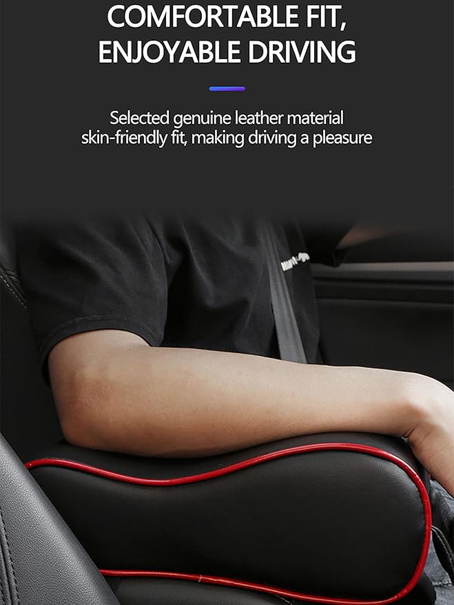 O SHI CAR Genuine Leather Car Armrest Cushion, Memory Foam Car Arm Rest Console,Cowhide Car Center Console Armrest Pillow (Black)