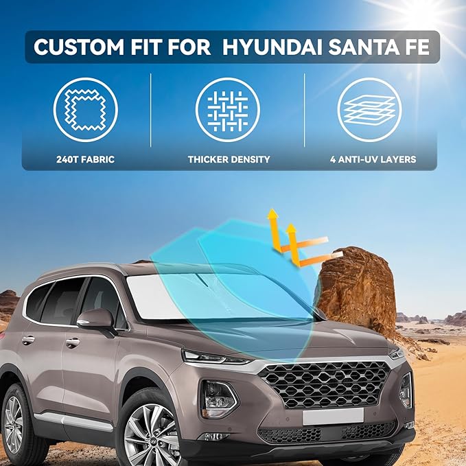 for Hyundai Santa Fe 2019-2023 Windshield Sun Shade - 4 Layers Car Sunshades for Front Windows Shade Cover Custom Fit Santa Fe Sun Visor 240T Retractable Shade Blocks UV Rays Car Accessories