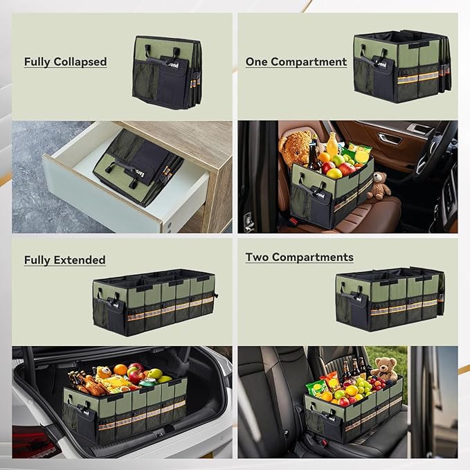 EAROND Car Trunk Organizer with Lid,Collapsible Car Storage Organizer with Multi Compartments and Securing Straps for SUV,Sedan,Jeep-Green