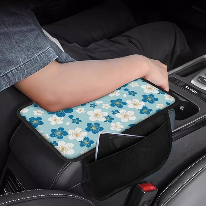 CLOHOMIN Blue Flowers Center Console Armrest Cover for SUV Car Truck Cute Auto Center Console Cover Pad Universal Car Armrest Cover Automobile Accessories
