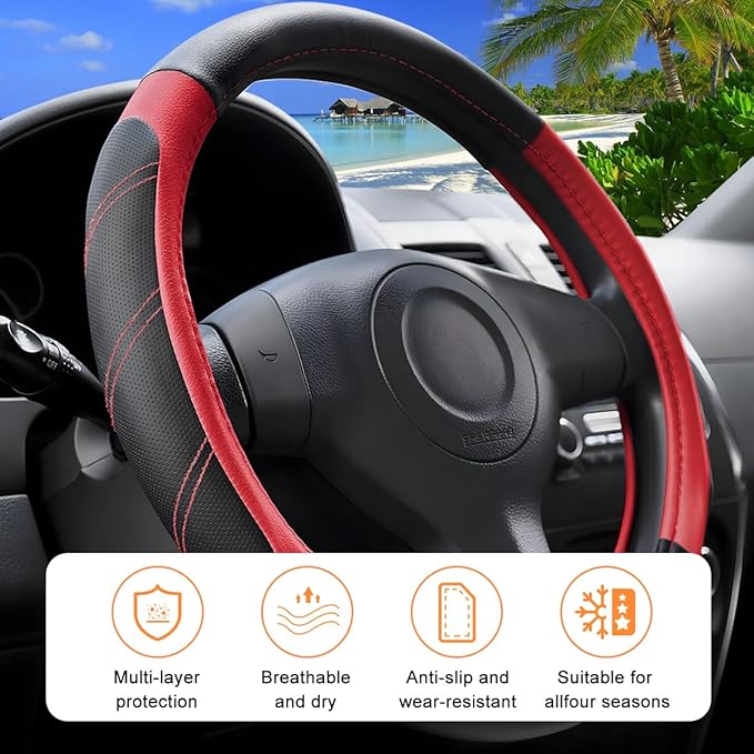 Car Steering Wheel Cover, 14.5-15" Non-Slip Leather Sporty Vehicle Steering Wheel Protector, Breathable Auto Interior Decoration Accessories, Universal for Van Truck Sedan (Black/Red)