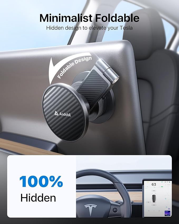 andobil Upgrade Tesla Phone Mount [Strong Magnet & Foldable] MagSafe Car Mount for Tesla New Model Y Juniper Model 3, 360° Adjustable Tesla Phone Holder fits iPhone 17 16 15 Pro Max, Tesla Accessories