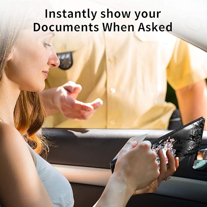Mxfdegf Car Registration and Insurance Holder, Leather Car Glove Box Organizer, Cool Car Accessories for ID, Driver's License Cards & Essential Document, business cards, Men&Women,Skull Flower