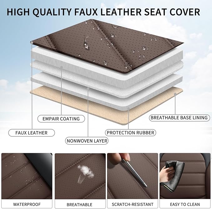 COVER EMPIRE Brown Car Seat Covers Full Set, Universal Faux Leather Seat Covers for Cars 5 Seats, Waterproof Leather Car Seat Covers, Comfortable Automotive Seat Covers for Most Sedans Trucks SUVs