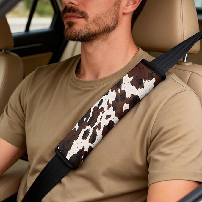 Qeluxign Cow Print PU Leather Car Seat Cover Set of 5 Auto Accessories 2 Front Bucket Seat Covers, 2 Seatbelt Pads & 1 Armrest Cover, Easy to Install