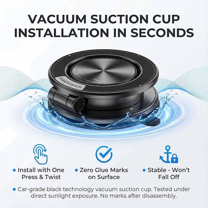 makecatch Vacuum Magnetic Car Phone Mount, 120+LB N55 Magnet (3000gf) Dashboard & Windshield Holder with Ultra-Stable Suction Cup, Foldable 0.83in Compact Car Mount for iPhone Samsung –Black