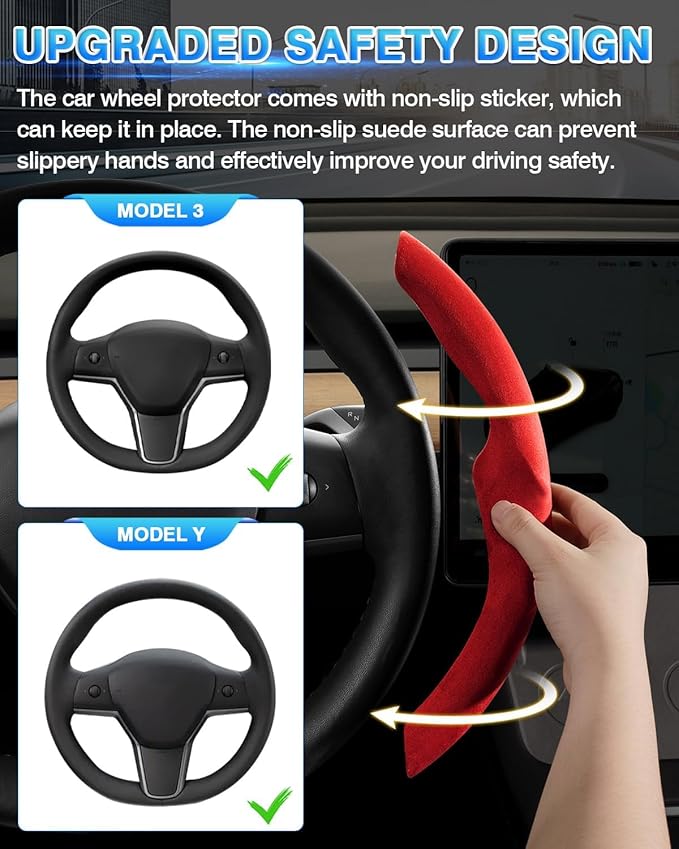 Shademax Custom-Fit for Tesla Steering Wheel Cover, Tesla Model Y/3 2017-2025 2026 (Fit Model Y Juniper 2026/ Model 3 Highland) Suede Steering Wheel Cover Non-Slip,Tesla Model Y/3 Accessories (Red)