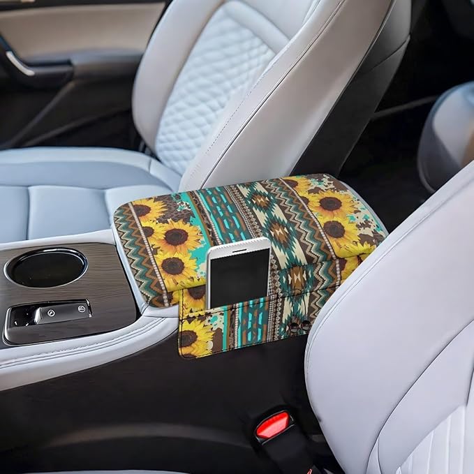 Dreaweet Sunflower Aztec Arm Rest Cover for Car Women Thick Center Console Armrest Pad with Pockets Car Armrest Storage Box Mat Universal Console Covers for SUV Trucks